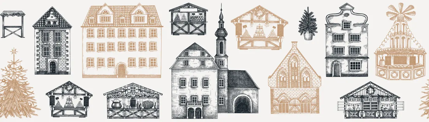 Vintage Christmas banner. Vintage houses seamless pattern. Christmas fair border. City architecture sketch, hand-drawn vector illustration. NOT AI generated Illustration